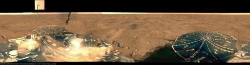 James Canvin's version of Phoenix' Mission Success Panorama, which includes 150 separate camera pointings taken from sols 13 to 43. Canvin produces his mosaics using software he developed for Mars Exploration Rover panoramas. This is an interim data product, considerably reduced in resolution from the original data. Credit: NASA / JPL / UA / Texas A & M / color mosaic by James Canvin 