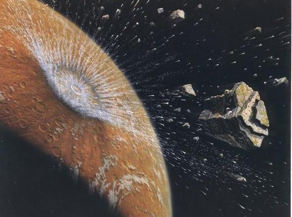 Artist's conception of an fragment as it blasts off from Mars. Boulder-sized planetary fragments could be a mechanism that carried life between Mars and Earth, UA planetary scientist Jay Melosh says. (Credit: The Planetary Society)