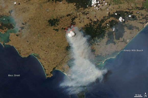 Satellite image of Australian bushfires from January 30, 2009.  NASA image created by Jeff Schmaltz, MODIS Rapid Response Team, Goddard Space Flight Center. 