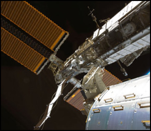 A view of ISS modules and solar panels.  Credit: NASA