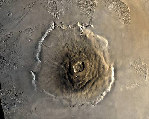 Color mosaic of Mars' greatest mountain, Olympus Mons, viewed from orbit. Credit NASA/JPL