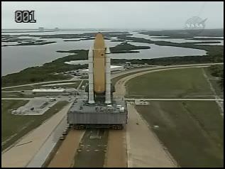 Screenshot from NASA TV during Atlantis' trip to the launchpad. 