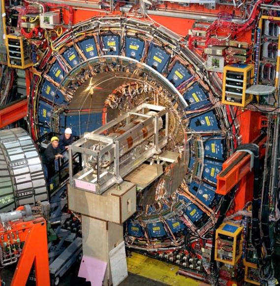 The CDF detector, about the size of a 3-story house, weighs about 6,000 tons.  Credit: Fermilab