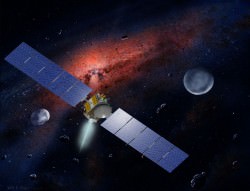Artist impression of the Dawn spacecraft exploring the asteroid belt (NASA)