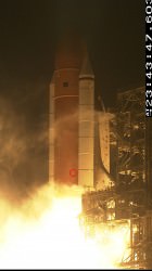 The shuttle climbs, bat still holding on (NASA)