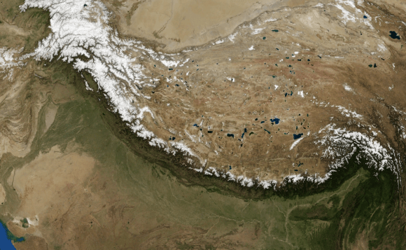 Satellite image of the Himalayan mountain chain, as imaged by NASA'sLandsat-7 imagery of Himalayas. Credit: NASA