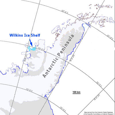 Map of Antarctica showing the location of the Wilkins Ice Shelf. Credit: ESA