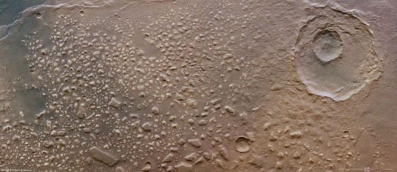 This image by the Mars Express High Resolution Stereo Camera, shows the region of Ariadnes Colles on the Red Planet.     Credits: ESA/ DLR/ FU Berlin (G. Neukum)   Click for larger version       