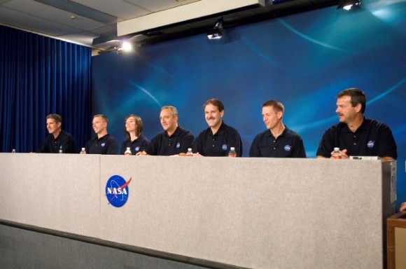 Members of the STS-125 crew at a press briefing. Credit: NASA