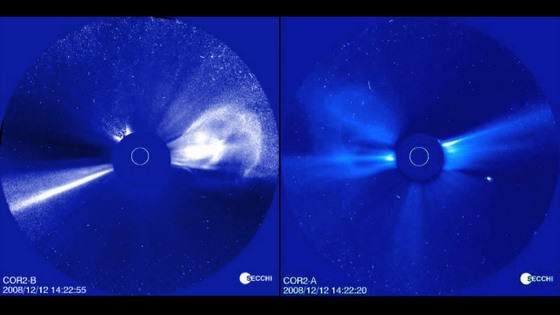 Visualization of a coronal mass ejection event on December 12-13, 2008 as seen simultaneously by the two STEREO spacecraft. The images on the right were taken by STEREO-A, while the images on the left were taken by STEREO-B. The images were taken by the COR2 telescopes on STEREO’s SECCHI instrument suite. Credit: NASA