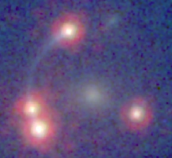 The image is made from HST data and shows the four lensed images of the dusty red quasar, connected by a gravitational arc of the quasar host galaxy. The lensing galaxy is seen in the centre, between the four lensed images. Credit: John McKean/HST Archive data