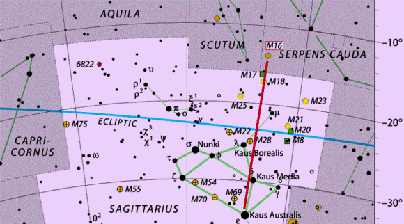 The location of M16 in the Serpens constellation. Credit: constellation-guide.com