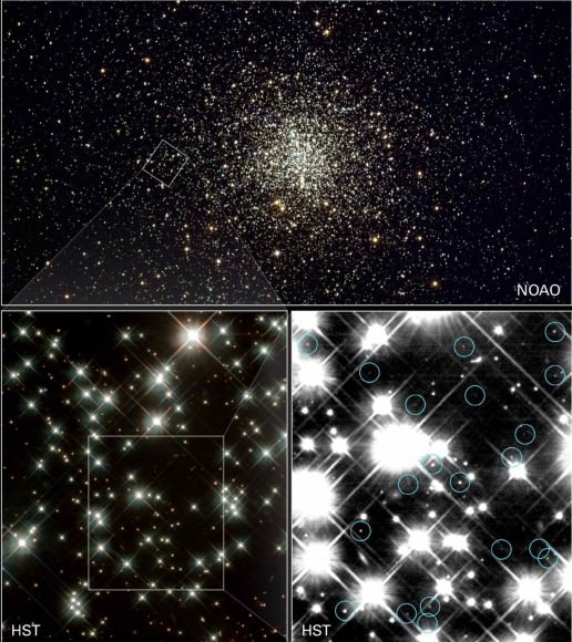 The M4 cluster (top) with sections showing white dwarf stars shown in the bottom left and right. Credit: NASA/JPL/HST