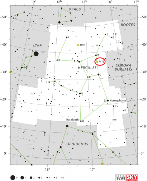 Messier 13 location. Image: IAU/Sky & Telescope magazine (Roger Sinnott & Rick Fienberg)
