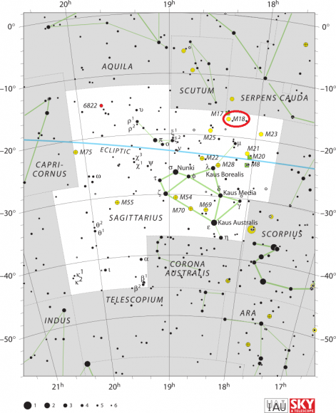 Messier 18 location. Image: IAU and Sky & Telescope magazine (Roger Sinnott & Rick Fienberg)