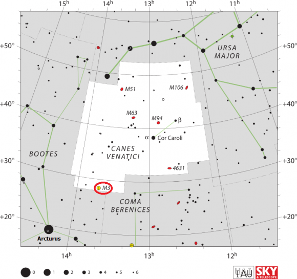 Messier 3 location. Credit: IAU/skyandtelescope.com