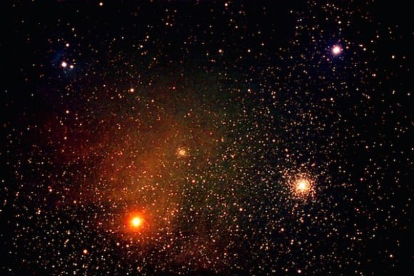 Red star Antares, right, and nearby star cluster M4. Credit: StargazerBob.com