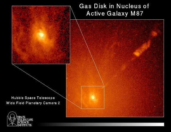 A WFPC2 image of a spiral-shaped disk of hot gas in the core of active galaxy M87. HST measurements show the disk is rotating so rapidly it contains a massive black hole at its hub.