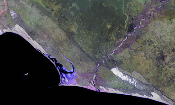 Landsat image of the Fenambosy Chevrons in Madagascar by USGS. The open side of these chevrons point directly at a crater at the bottom of the Indian Ocean. They suggest a gigantic meteor impact occurred about 4800 years ago. But new research says chevrons were likely formed by wind.