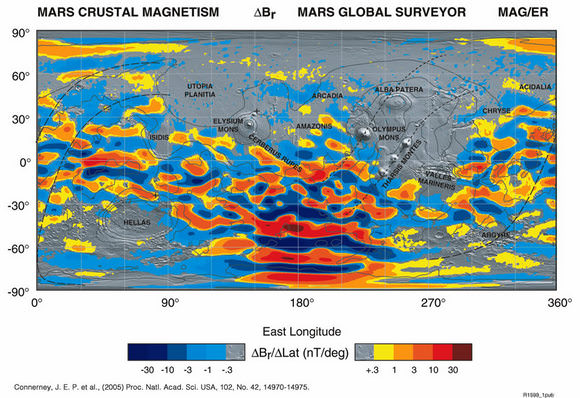 Map from the Mars Global Surveyor of the current magnetic fields on Mars. Credit: NASA/JPL