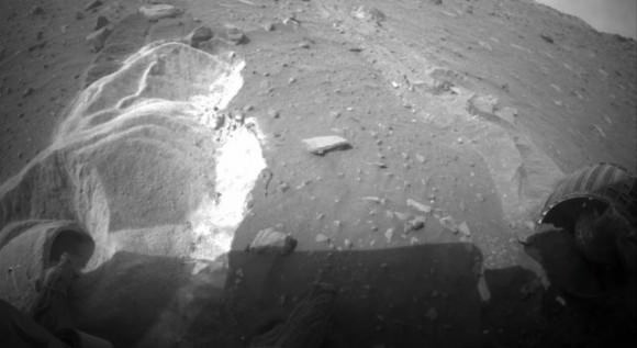 Spirit's wheels embedded in the Martian regolith. Credit: NASA/JPL