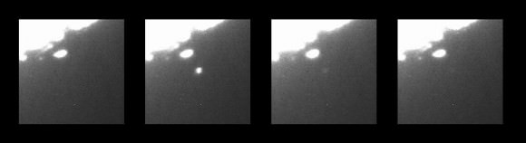 The image above shows a sequence of four frames around the impact time, with a bright impact flash visible in the second frame, and faintly seen in the third and fourth. Credit: Anglo-Australian Telescope by Jeremy Bailey (University of New South Wales) and Steve Lee (Anglo-Australian Observatory)