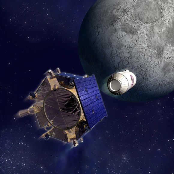 Artist concept of LCROSS and Centaur stage heading for impact. Credit: NASA