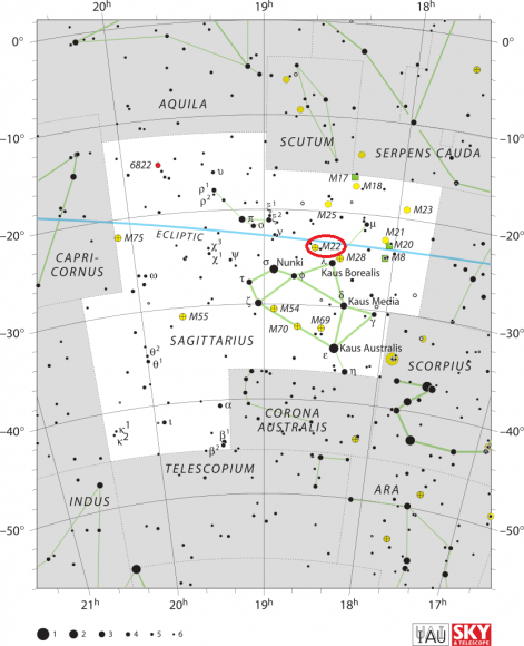 Messier 22 location. Image: IAU and Sky & Telescope magazine (Roger Sinnott & Rick Fienberg)