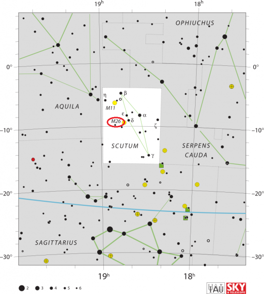 The location of Messier 26 within the Scutum Constellation. Credit: IAU/Sky & Telescope magazine (Roger Sinnott & Rick Fienberg)