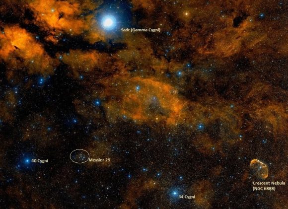 Messier 29 and Gamma Cygni (Sadr). Credit: Wikisky