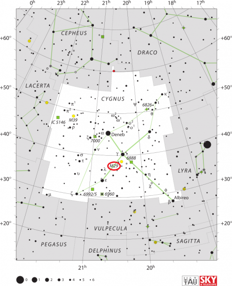 Messier 29 location. Image: IAU and Sky & Telescope magazine (Roger Sinnott & Rick Fienberg)