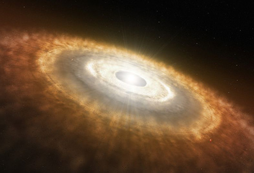 Artist's impression of the early Solar System, where collision between particles in an accretion disc led to the formation of planetesimals and eventually planets. Credit: NASA/JPL-Caltech