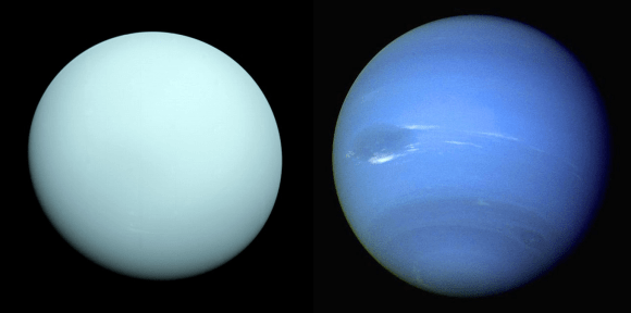 Uranus and Neptune, the Solar System’s ice giant planets. (Images from Wikipedia.)