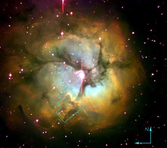 The Trifid nebula (M20, NGC NGC 6514) in pseudocolor. Image taken with the Palomar 1.5-m telescope. The field of view is 16’ ´ 16’. Red shows [S II] ll 6717+6731. Green shows Ha l 6563. Blue shows [O III] l 5007. The WFPC2 field of view is indicated. Image: Jeff Hester (Arizona State University), Palomar telescope.