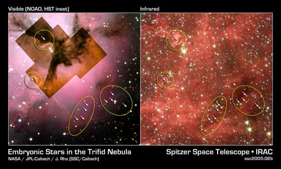 Composite image comparing visible-light views from Hubble of the Trifid Nebula with an infrared view from NASA’s Spitzer Space Telescope of the glowing Trifid Nebula. Credit: NASA/JPL-Caltech/J. Rho (SSC/Caltech)