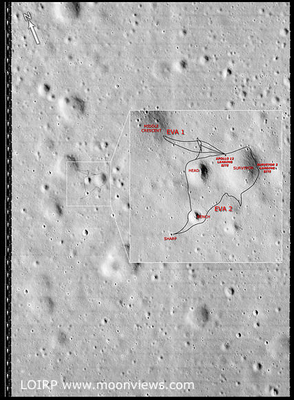Apollo 12 site annotated. Credit: LOIRP and MoonViews.com