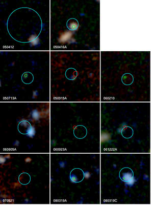 Mosaic of 11 "dark" gamma-ray burst host galaxies imaged at the W. M. Keck Observatory in Hawaii. The circles indicate the position of the burst determined by NASA's Swift satellite or from ground-based optical or infrared imaging and, in all of the cases shown, contain a faint host galaxy. At distances of billions of light years from Earth, these galaxies appear only as faint smudges to ground-based telescopes.  Credit: Daniel Perley, Joshua Bloom/UC Berkeley 