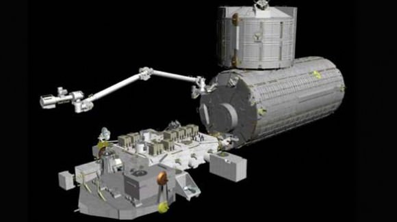 How the Kibo will look after the space shuttle mission STS-127, scheduled for 2009. At centre is the Japanese Pressurized Module, which will be installed to the station's Harmony node during Discovery's 14-day mission. On top of it is the Logistics module, which was delivered in March. At left is the external module, a platform for space experiments to be installed during STS-127. (NASA)