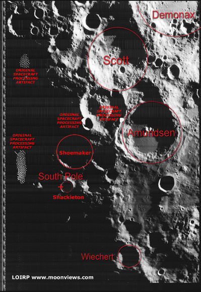 Lunar south pole, annotated. Credit: LOIRP and MoonViews.com
