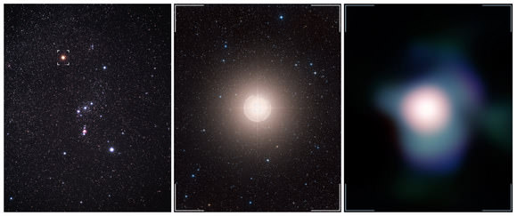 This collage shows the Orion constellation in the sky (Betelgeuse is identified by the marker), a zoom towards Betelgeuse, and the sharpest ever image of this supergiant star, which was obtained with NACO on ESO’s Very Large Telescope. Credit: ESO, P.Kervella, Digitized Sky Survey 2 and A. Fujii