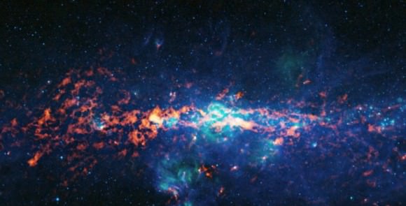 Colour-composite image of the Galactic Centre and Sagittarius B2 as seen by the ATLASGAL survey.  Credit: ESO