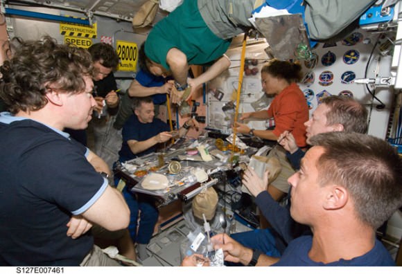 Astronauts share a lunch on the ISS. Credit: NASA