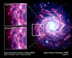 These images taken by the Spitzer Space Telescope show the dust and gas concentrations around a supernova. Credit: NASA/JPL-Caltech