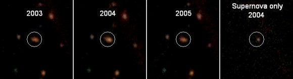 This image shows the host galaxy containing one of the newly discovered supernovae.  Comparing the images shows how the galaxy visibly brightens in 2004 and then returns to normal. This suggested that in 2003 the supernova was not detected; it appeared in 2004 and was beginning to fade in 2005.  The last frame subtracts the images from the years that the supernova was not detected as well as the galaxy’s light to reveal only the supernova. Credit: Jeff Cooke/CFHT