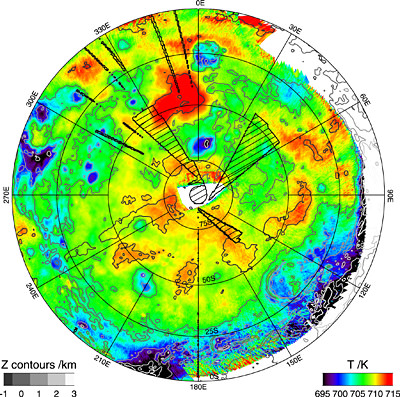 The first temperature map of the planet's southern hemisphere at infrared wavelengths, charted with Venus Express's Visible and Infrared Thermal Imaging Spectrometer, VIRTIS. Credits: ESA/VIRTIS/INAF-IASF/Obs. de Paris-LESIA