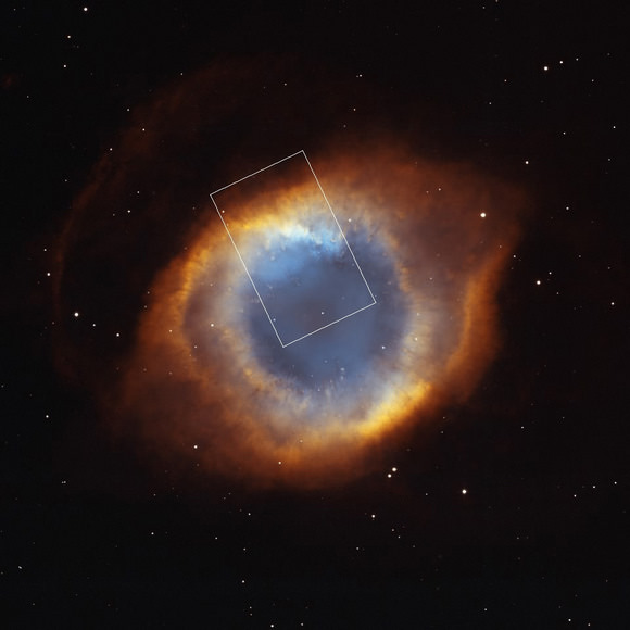 Previous optical image of the Helix Nebula, demonstrating diffuse gas surrounding a central star. The white box shows the area observed by the Subaru Telescope. Credit: NASA, NOAO, ESA, the Hubble Helix Nebula Team, M. Meixner [STScI], and T.A. Rector [NRAO]