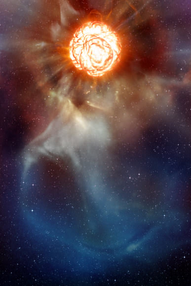 Artist’s impression of the red supergiant star Betelgeuse as it was revealed with ESO’s Very Large Telescope. It shows a boiling surface and material shed by the star as it ages. Credit: ESO/L.Calçada