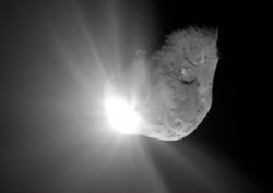 A view of NASA's Deep Impact probe colliding with comet Tempel 1, captured by the Deep Impact flyby spacecraft's high-resolution instrument.