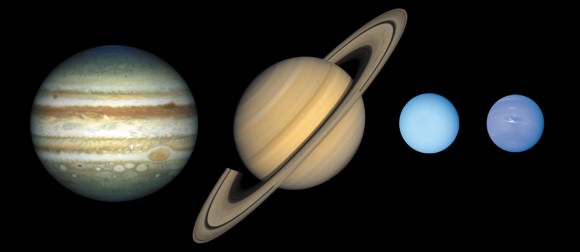 The outer planets of our Solar System at approximately relative sizes. From left, Jupiter, Saturn, Uranus and Neptune. Credit: Lunar and Planetary Institute