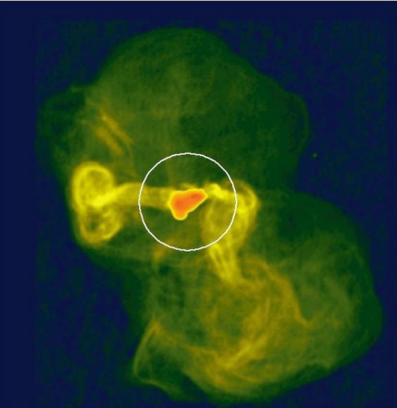 Large-scale VLA image of M87: White circle indicates the area within which the gamma-ray telescopes could tell the very energetic gamma rays were being emitted. To narrow down the location further required the VLBA. CREDIT: NRAO/AUI/NSF